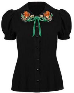 Hell Bunny Chester Bluse – Schwarzes Oberteil mit Puffärmeln und Stickerei im Waldhörnchen-Design, Schwarz, XL