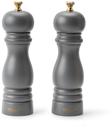 Bill.F - Set di 2 macinini per sale e pepe, in legno, ricaricabili, 17,8 cm, con rotore regolabile in ceramica, colore: grigio