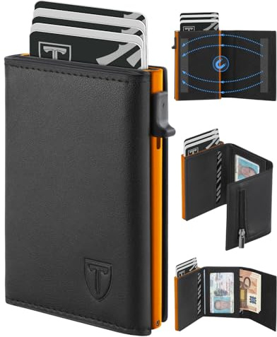 TEEHON Cartera Hombre de Cuero con Cierre Magnético, Tarjetero con Bloqueo RFID, Cartera Tarjetero Hombre pequeño para Crédito, Billetes y Monedas con Caja de Regalo, Toda Estación (Naranja)