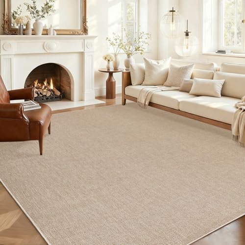 Garvee Large Area Rug 10x13 Modern Solid Washable Rug Non Slip Woven Textured Carpet Ultra-Thin Neutral Minimalist Non-Shedding Floor Cover Indoor Foldable Mat for Living Room Bedroom Office Tan