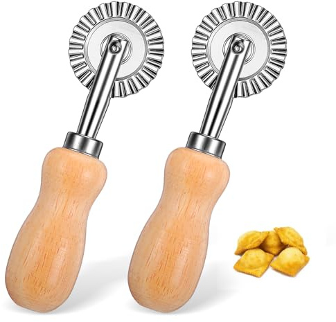 Thinp 2 ruedas de corte de pasta acanaladas, rueda cortadora de raviolis de 1.5 pulgadas, ruedas de acero inoxidable con mango de madera, herramienta para raviolis, pasta, pastelería, albóndigas