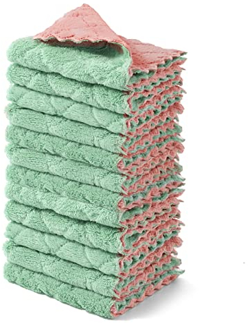 kimteny 12 Stück Geschirrtücher, 25,4 x 25,4 cm, Premium-Geschirrtücher, super saugfähige Küchentücher, Korallensamt, antihaftbeschichtet, ölschnell trocknend, Waschlappen (Rosa-Grün)