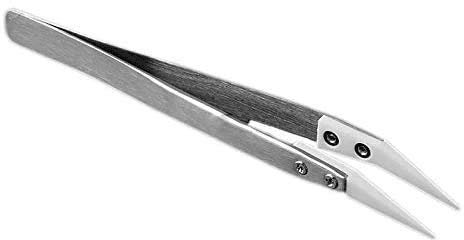 CABLEPELADO Pinzas para soldadura con punta cerámica | Punta de 0,5 mm zirconia | Punta de cerámica | No son Magnéticas | Resistentes al calor 1000 ºC | Pinza de acero inox | Punta curva