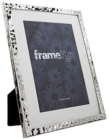 Frametigo - Silver Plated Hammered Mounted Photo Frame, 4x6 (10x15cm) Photo Size - Velvet Frame Backing & Stand - Real Glass Window - Tarnish Resistant - Landscape or Portrait Orientation