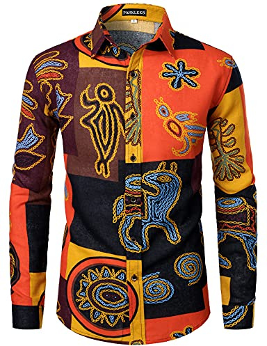 PARKLEES Men's Cotton Linen 70s Disco Retro Traditional Pattern Printed Long Sleeve Button Down Shirt