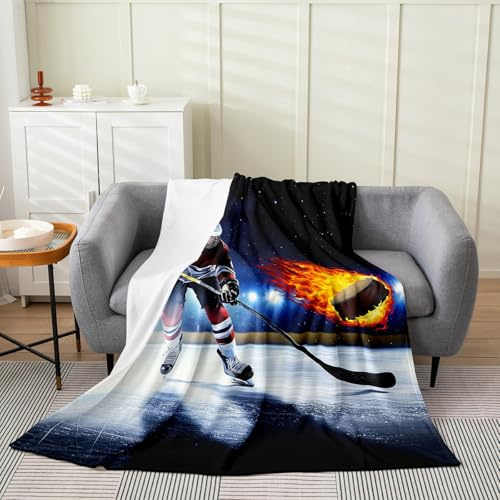 Boys Ice Hockey Fleece Blanket Kids Ice Hockey Player Flannel Blanket All Season 40x50 Inch Teens Winter Sports Game Flannel Blanket Young Man Fire Hockey Puck Fuzzy Blanket Sofa Bed Couch Decor