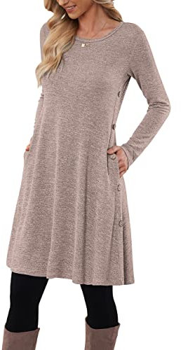 MOLERANI Pulloverkleid für Damen Langarmkleid Damen Knopf Lässiges Tunikakleid mit Taschen Kaffee L