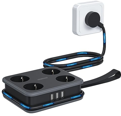 Regleta de Enchufes USB de Corriente Múltiple NTONPOWER Regleta de enchufes de 3 USB y 4 Tomas, Regletas Enchufe con Cable de Extensión de 1,6 Metros para Hogar Oficina, Negro
