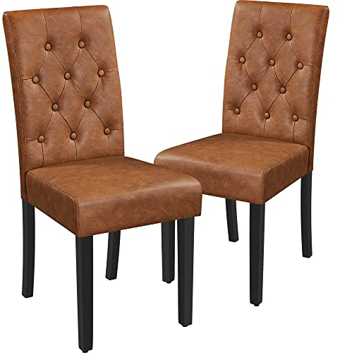 Yaheetech Esszimmerstühle 2er Set Küchenstuhl Polsterstuhl mit hoher Rückenlehne, Beine aus Massivholz, gepolsterte Sitzfläche aus Kunstleder Retro-Braun