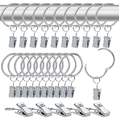 SWTYExt 20 Stück 32mm Vorhangringe mit Clips & 5 Stück Gardinen Klammern Metall Gardinenringe Stainless Hanging Gardinenringe mit Haken für Vorhangstange Vorhang Fenster Duschvorhang Wäscheleine