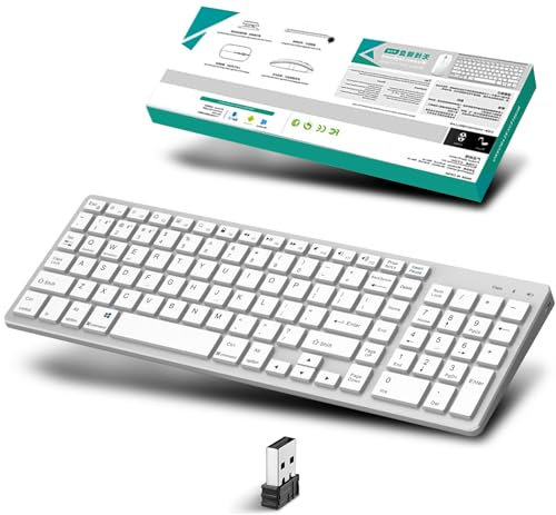 Clavier Argent sans Fil, 2.4Ghz & Bluetooth, Multi-dispositifs avec 4 Canaux, pour PC/Mac/Windows/Linux/iOS/Android, Batteries Rechargeables