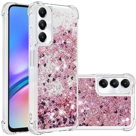 IMIRST Telefonfodral kompatibelt med Samsung A05s Bling flytande glitter silikonskal stötsäker Kawaii airbag skyddande fodral för Samsung Galaxy A05s. YBW kärlek roséguld