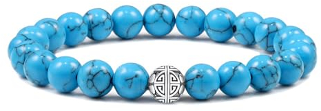 Natürliche 8 mm Edelsteine MetJakt Heilung Crystal Stretch Perlen Armband Armreif mit 925 Sterling Silber Double Happiness Anhänger (Türkis)