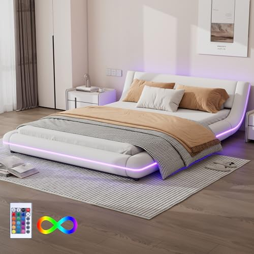FEZTOY LED Polsterbett 140x200 cm mit Lattenrost, Bodenbett Kunstleder - Bogendesign Bett Jugendbett Bettgestell Doppelbett, ohne Matratze, weiß