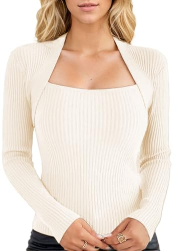 EMOTTOS Crop Tops de Punto para Mujer, Top Manga Larga Mujer Camisetas de Corte Ajustado con Cuello Cuadrado, Top Mujer Chaleco de Punto Básica de Fiesta para Señoras, Beige, S