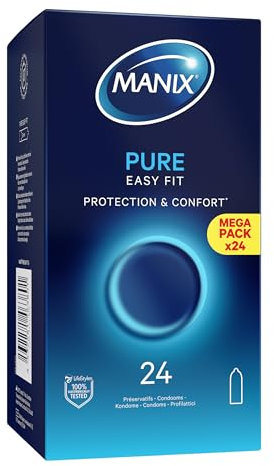Manix Pure : Boite de 24 Préservatifs Classiques en latex/Préservatifs pour Homme Lubrifiés et Fins de Taille Standard/Largeur Nominale 53mm