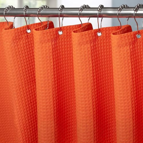 VANZAVANZU Shower Curtain for Bathroom with Metal Hooks Waffle Fabric Shower Curtain Heavy Duty Bath Curtain for Wet Room Bathtub Shower Stall, Weighted Hem, Waterproof - 275 x 182cm (Orange)