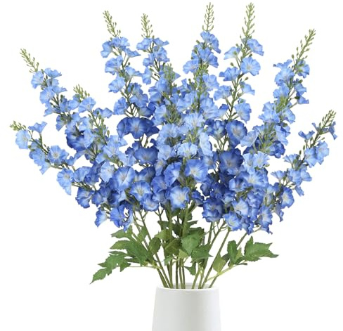 ICBOX Artificial Morning Glory Flowers,6PCS Fake Blue Delphinium Silk Flowers 38.2'' Long Stem Gladiolus Artificial Flowers for Tall Vase Home Wedding Party Decor(Blue)