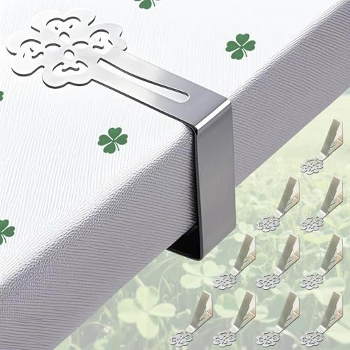 Tablecloth Clips for Outdoor Thick Tables 10 Pack, Lucky Clover Picnic Table Cloth Holder Clip Indoor, Heavy Duty Stainless Steel Cover Clamp for Party Wedding Home Restaurant Accessories Silver
