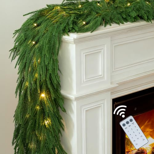 BLOSMON Christmas Garland with Lights for Decorations: 6ft Pre Lit Norfolk Pine Garland for Fireplace Stairs - Remote Timer 30 LEDs 12 Lighting Modes - Artificial Xmas Garlands Door Table Decor
