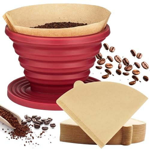 Noaxylic Gotero de Café Plegable, Filtro de Café de Silicona, Filtro Cafe, Reutilizable Soporte para Filter de Cafetera, con 40 Filtros de Papel Cónicos, para Casa, Camping, Viajes, Rojo