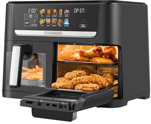 Steinborg® XXL Heißluftfritteuse Dual Zone 14 Liter (8L + 6L) Air Fryer 1700W mit 2 Kammern & 2 unabhängigen Garzonen, Digital Display 10 Programme 60–200°C ohne Öl frittieren Spülmaschinenfester Korb