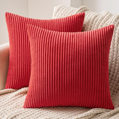 MIULEE Set of 2 Corduroy Cushion Cover 45x45 Red Sofa Cushions | Pillow Cases Sofa Modern Soft Decorative Couch Cushions With Hidden Zip