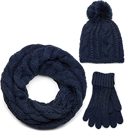 styleBREAKER Schal, Mütze und Handschuh Set, Zopfmuster Strickschal mit Bommelmütze und Handschuhe, Damen 01018208, Farbe::Dunkelblau / Loop Schlauchschal (One Size)