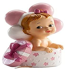 dekora - Figura de Resina para Tarta de Bautizo | Decoración de Pastel para Baby Shower y Bautizo de Niña | Bebé en caja de regalos | Cake Topper resistente y bonito (10cm)