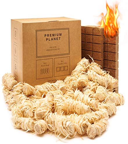 Premium Planet Set accendifuoco grande, ecologico, oltre 100 fuochi, confezione multipla, 100% naturale, lana di legno e mattoni organici, barbecue, caminetti e stufe a legna