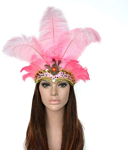 Minkissy Carnival Feather Headpiece, Vintage Feather Headband Showgirl Headband Carnival Fascinator Headdress for Masquerade Costume Party Pink