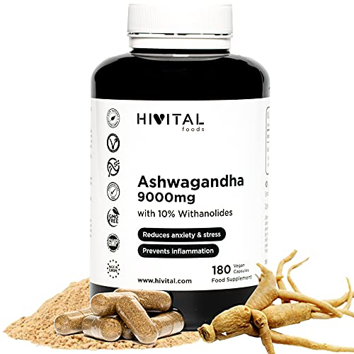 Ashwagandha 9000 mg. 180 vegane Kapseln für 6 Monate. Withania Somnifera Extrakt mit 10% Withanoliden. Indischer Ginseng. Maximale Absorption. Hergestellt von HIVITAL