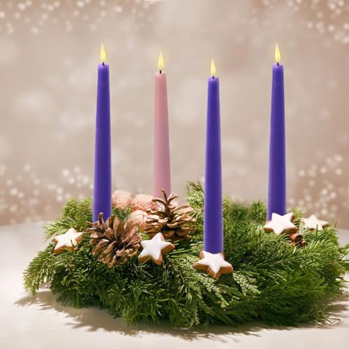 LampLust Battery Operated Advent Candles, Set of 4, 9 Inch Purple & Pink Flameless Taper Candles, Flickering LED Candles with Remote, Spring Decor, Table Centerpiece, Wedding & Home Decorations