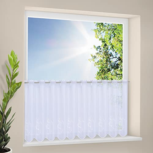 Happy Home Scheibengardine Alissa – 50 x 150 cm – weiß mit Blumenstickerei – halbtransparent – Bistrogardine mit Stangendurchzug – Gardine für Küche & Bad