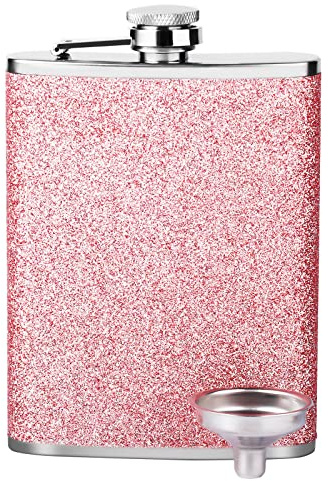 Pink Flask for Liquor for Women 8OZ - Girls Glitter Bling Pocket Decorative Flask with Funnel, 18/8 Stainless Steel for Vodka Whisky