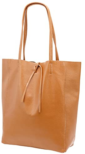 SH Leder ® Damen Echt Rindleder Shopper mit Innentasche in vielen Farben Schultertasche Henkeltasche 37x29cm Kora G266 (Hell Cognac)