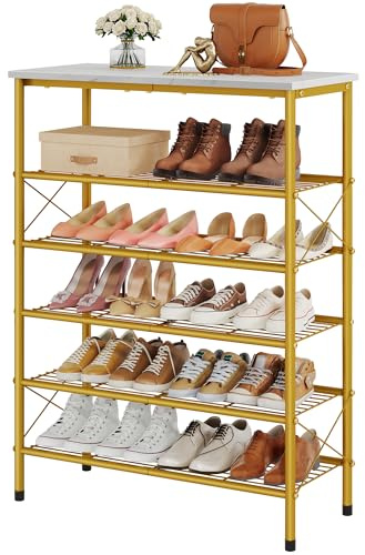 Tajsoon 6 Tier Shoe Rack Organizer for 20-24 Pairs of Shoes, Metal Mesh Shoe Shelf for Closet, Industrial Shoe Rack for Entryway Shoe Storage with X Shape Fixed Frame, White & Gold