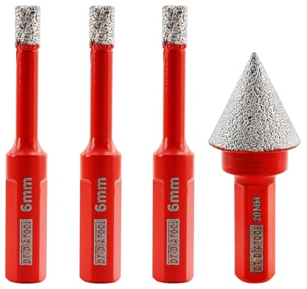 DT-DIATOOL Dreieck Schaft Diamant Bohrer 6mm 3pcs mit 20mm 1pc Diamant Fase Bit Vakuum gelötete Diamant Lochsäge für Feinsteinzeug Fliesen Keramik Marmor Granit Mauerwerk Quarz