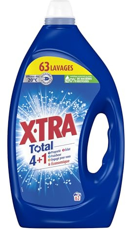 X-Tra Total - Lessive Liquide - 4 plus 1 - Propreté - Eclat - Fraîcheur - Engagé pour vous - Economique - Une seule lessive pour tout votre linge - Efficace des 20°C - 63 Lavages