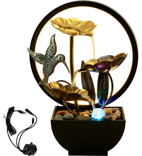 Foribyw Indoor Tabletop Water Fountain with Natural Rocks and LED Ring Lights, USB Powered Resin MeditationTabletop Fountain Zen Relaxation Water Fountain Tabletop Humidifier for Home Office Bedroom