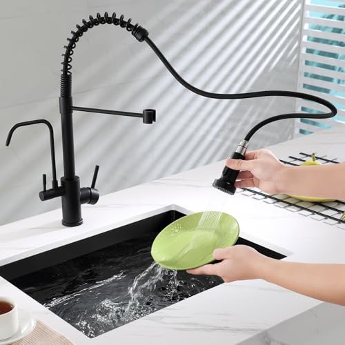 ROVOGO 3 Wege Wasserhahn Küche mit Filter, Hochdruck Küchenarmatur Schwarz mit 2 Strahlarten Brause Ausziehbar, Doppelhebel Mischbatterie für Heiß-, Kalt- und Trinkwasser, Spültischarmatur Edelstahl