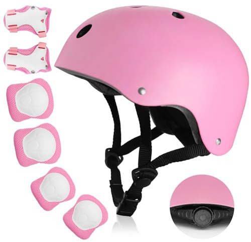 Kids Bike Helmet, Toddler Helmet for Kids Ages 3-5-8, Skateboard Helmet with Knee Elbow Wrist Pads for Boys Girls, Protective Gear Set for Skating Bicycling Roller(Pink)