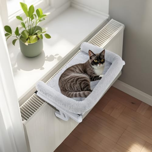 GUUSII HOME Katthängmatta Fönstersits Kattungehängande säng Fönsterbräda för inomhusbruk Stor Husdjurshylla Robust Kattsäng Tvättbar kudde Enkel att montera Ingen Borrning 56 * 38cm (Grå, S)