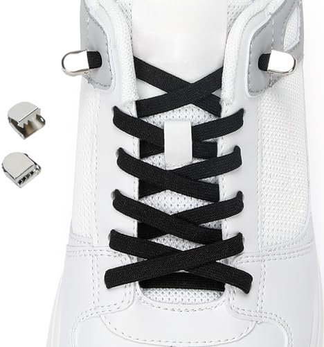 Euqvunn 8mm Elastiska Platta Skosnören Med Metallstängning, 5 Skosnören (2.5 Par) Elastiska Snören Sport Ingen Knytning Skosnören, För Sneakers, Löparskor, Sportskor(Svarta)
