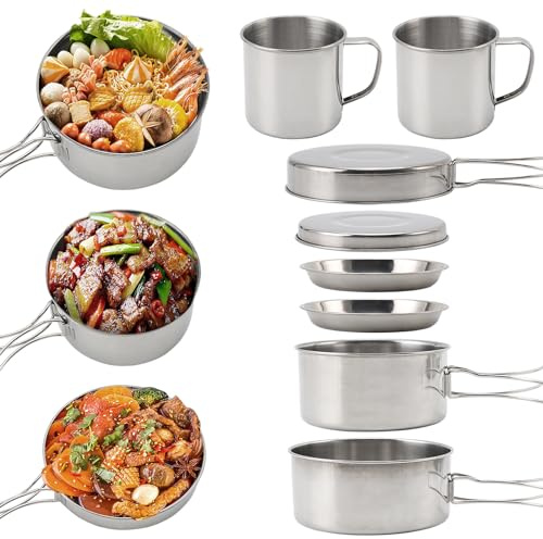 Fesatccoz 8 Pieces Camping Cookware Set, Foldable Outdoor Cooking Gear Stainless Steel Pot Pan and Plate Kit for Parties, Hikes and Picnics