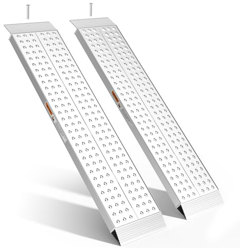 FACHNUO Rampas de Aluminio Robustas 140x30 cm | Rampa de Carga, Capacidad 680 kg, Antideslizante para Cobertizos/Cortacéspedes | para Quitanieves, Motocicletas, Motos Cross & ATVs | Pack de 2, Plata