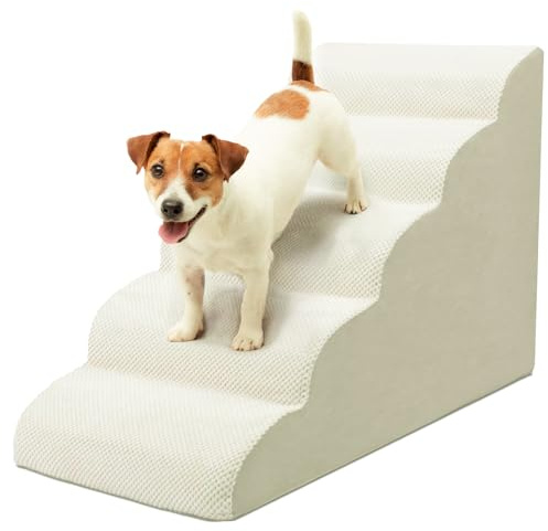 Niubya Scala per Cani e Gatti Piccoli, 5 Gradini 62 cm, Schiuma 30D, Antiscivolo, Fodera Lavabile, Ideale per Divano/Letto, Animali Anziani o Mobilità Ridotta, Beige