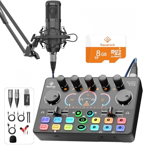 Podcast Equipment Bundle, +8GB Memory Card, Audio Interface Mixer with 48V Condenser Microphone, Built-in Recorder, Stereo, Voice Change for Podcast Recording, Streaming, Cam/PC/Phone/Tiktok (RS2i2)