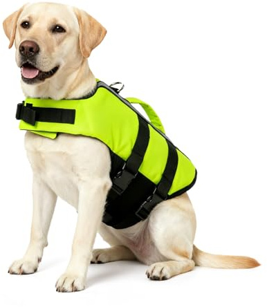 PETLESO Dog Life Jacket with Rescue Handle, High Visibility Adjustable Pet Life Vest for Swimming, Boating & Water Sports - Neon Green, L