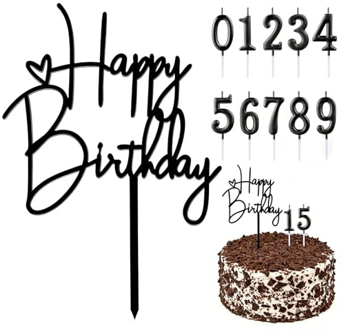 10 Unidades Velas de Cumpleaños, Número 0-9 Pastel Velas + 1 Adorno para Tarta de Cumpleaños Feliz,Decoración De Tarta Para Fiesta De Cumpleaños (Negro)